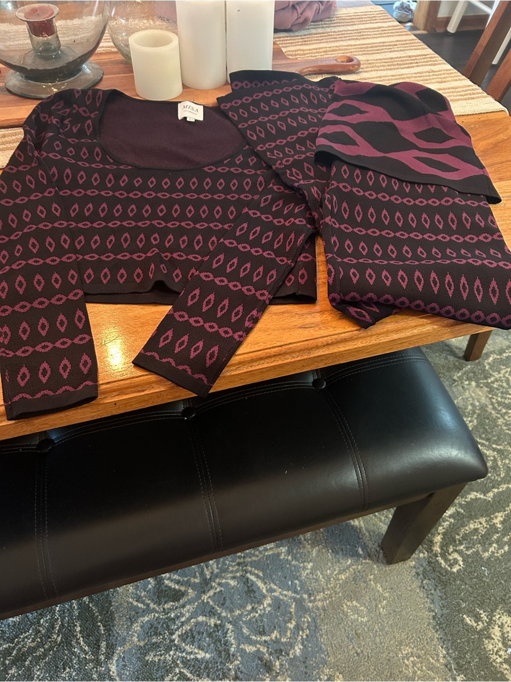 MISA Los Angeles Cropped Knit Sweater - Black & Plum Pattern Set. Pants set